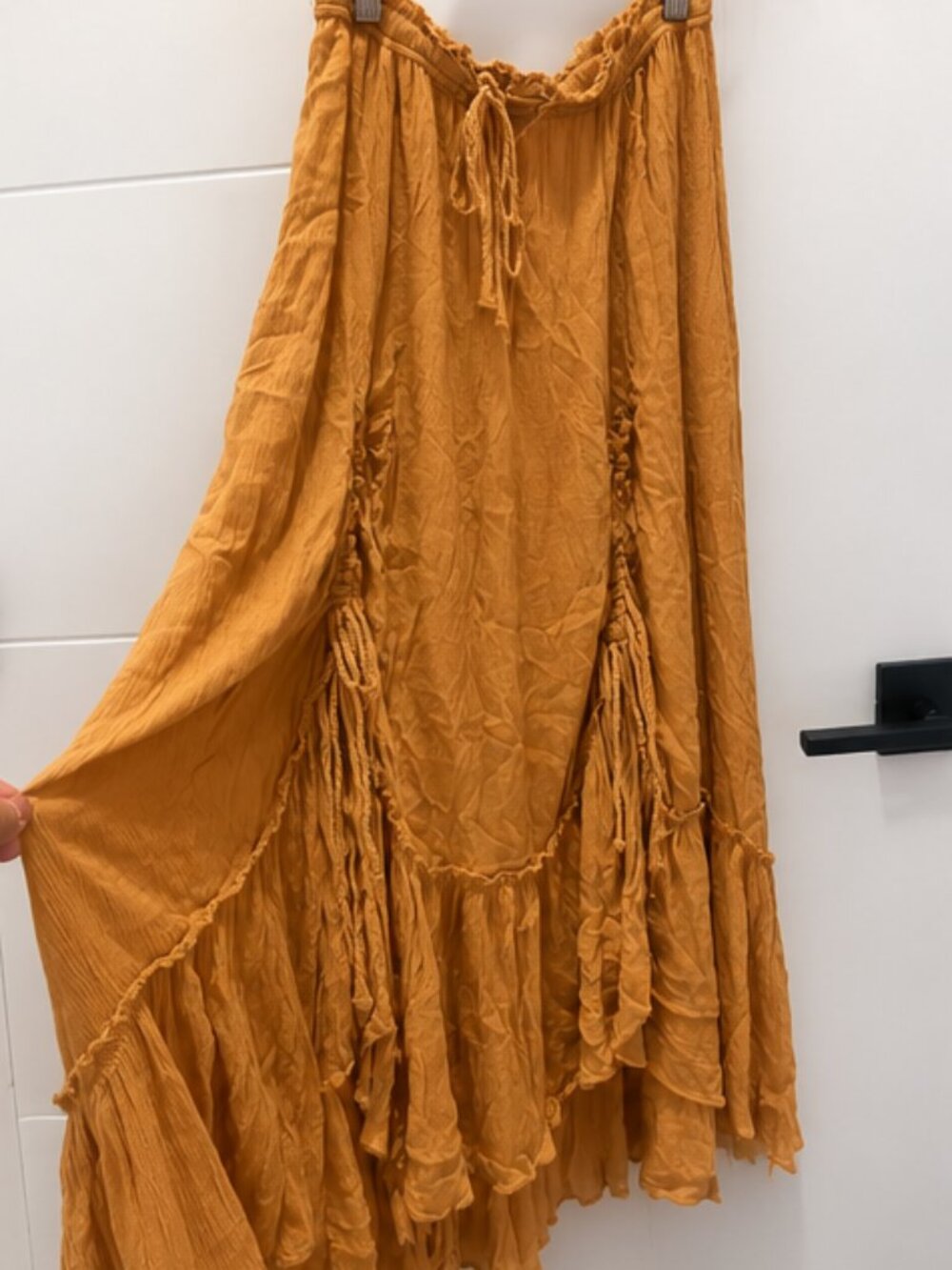 Free People Mustard Ruched Drawstring Ruffle Maxi Skirt โ S - Picture 3 of 6